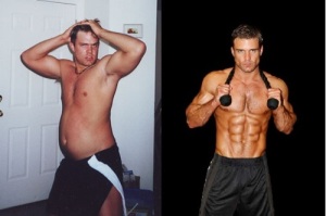 Before and after picture of a man who has gotten more fit.   